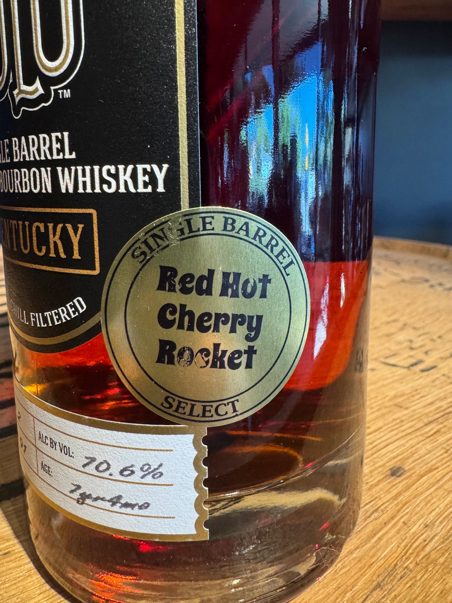 Nulu Single Barrel Straight Bourbon Whiskey 141.2 Proof “Red Hot Cherry Rocket" Barrel Ky91 HAZMAT