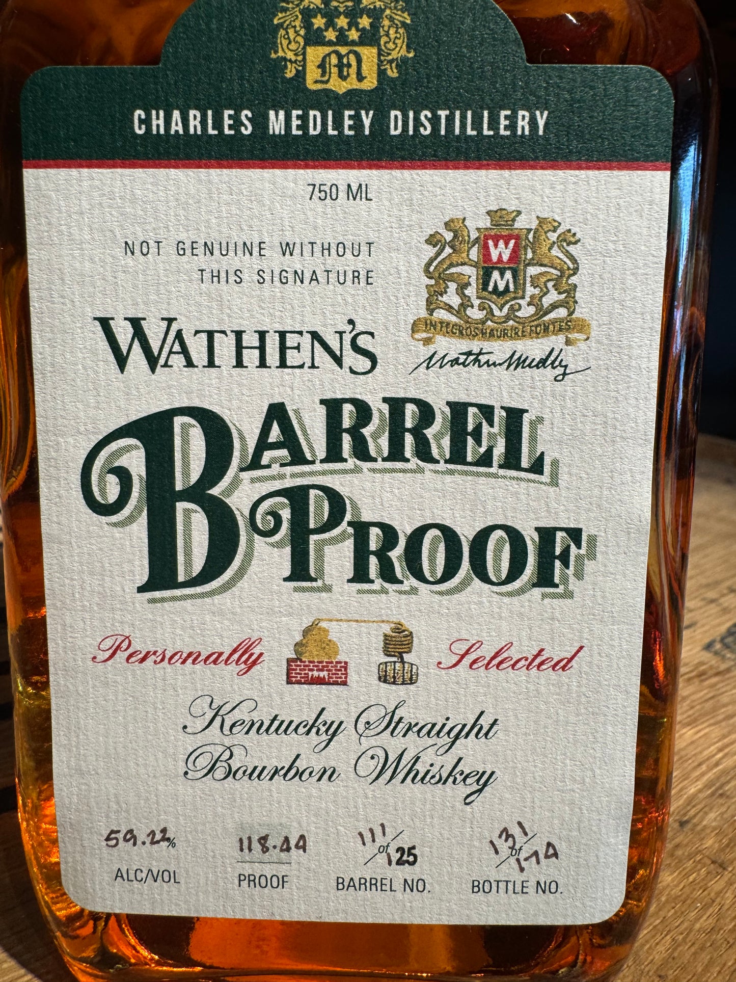 Charles Medley Distillery Wathen's Barrel Proof Bourbon Barrel No. 111 118 Proof 750ml