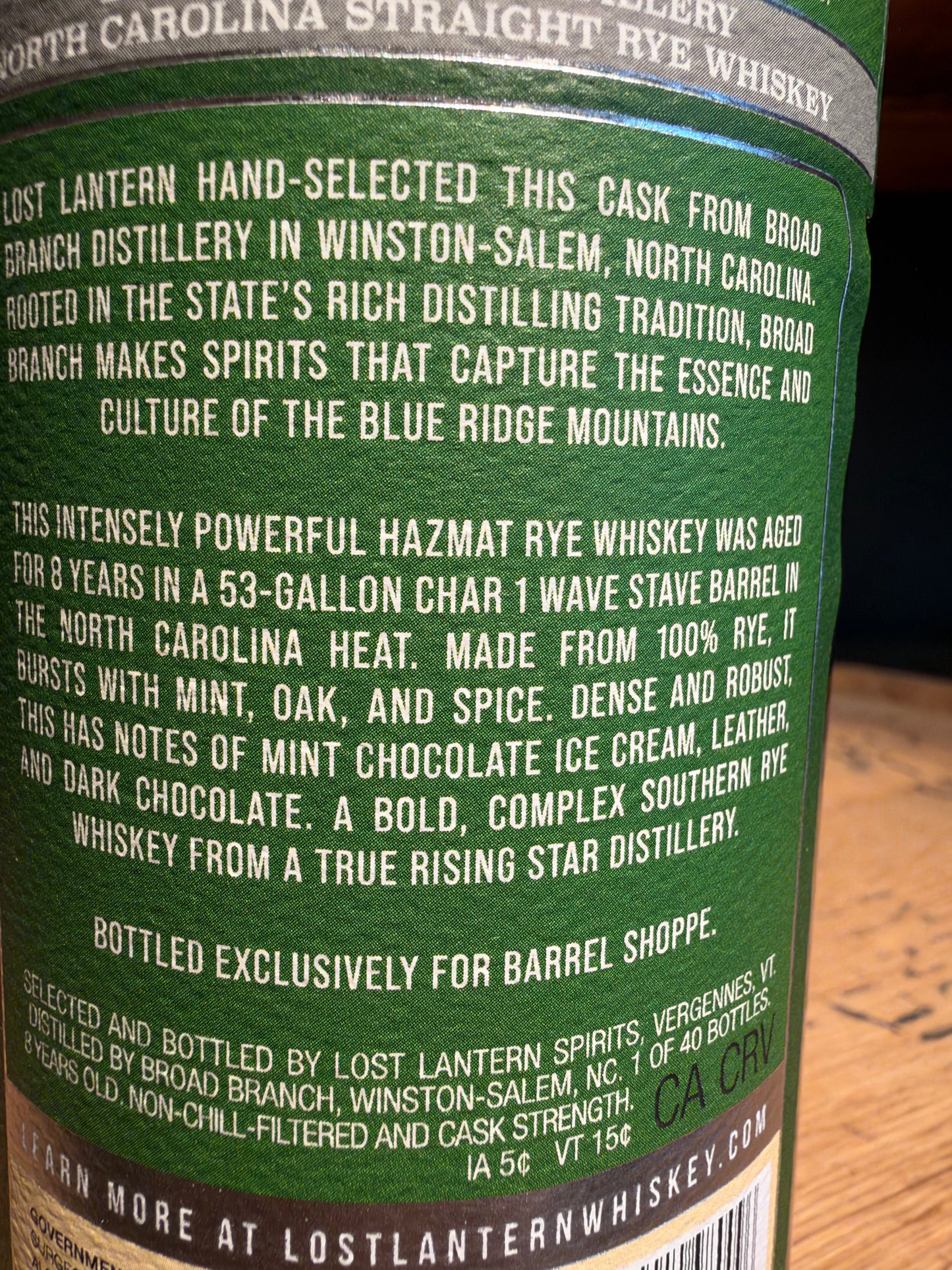 Broad Branch Distillery Lost Lantern 8 Year Single Barrel North Carolina Rye Shoppe Exclusive 155.2 Proof HAZMAT