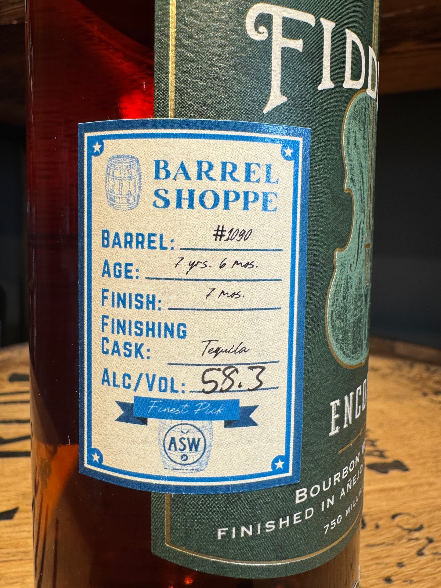 ASW Fiddler Encore Single Barrel Bourbon Anejo Cask Finish Shoppe Exclusive