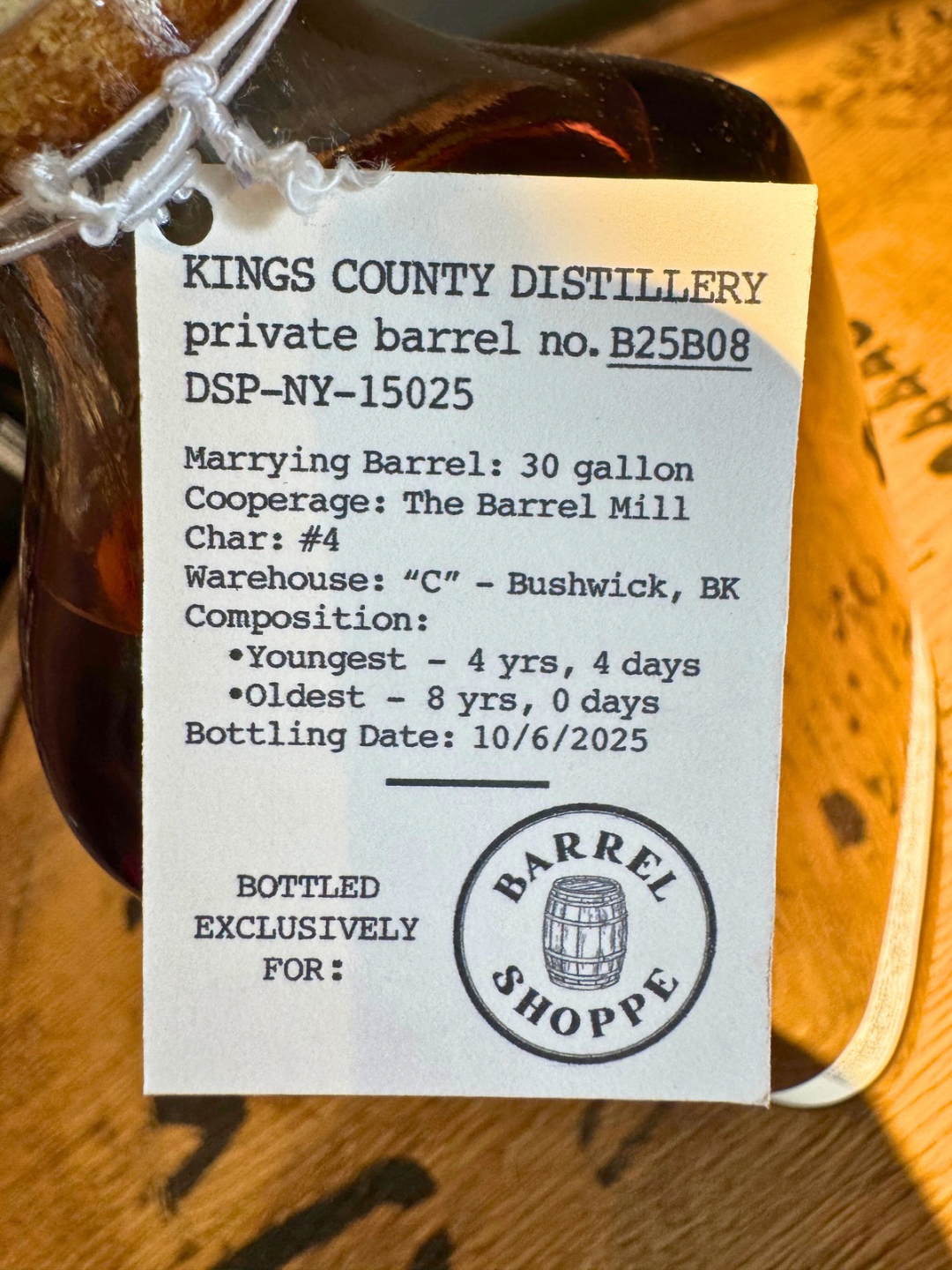 Kings County Distillery Private Barrel Straight Bourbon Whiskey Barrel Shoppe Exclusive No. BB25B08 123 Proof