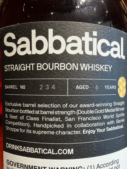 Sabbatical Single Barrel Straight Bourbon Whiskey Shoppe Exclusive 116 Proof 750ml
