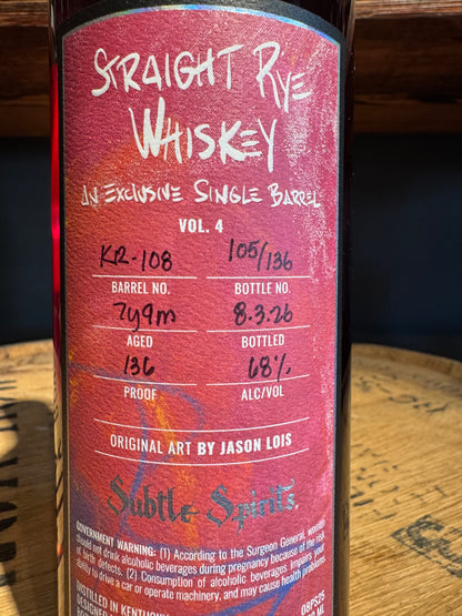 Subtle Spirits Single Barrel 100% Rye Whiskey 7 Years 9 Months 136 Proof 750ml Shoppe Exclusive