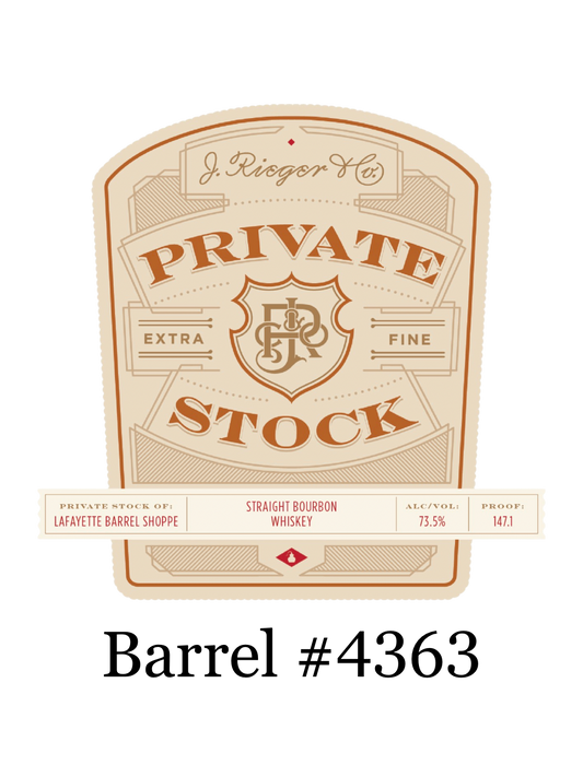J. Rieger Private Stock Straight Bourbon Whiskey Shoppe Exclusive Barrel #4363 HAZMAT 147.1 Proof